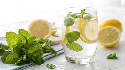 Glass of detox lemon water with mint leaves for healthy lifestyle