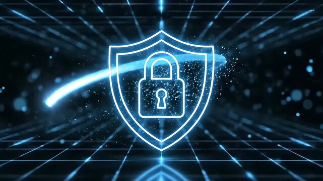 Secure shield icon with a neon padlock symbolizing data protection. Suitable for cybersecurity concepts in web design and infographics.