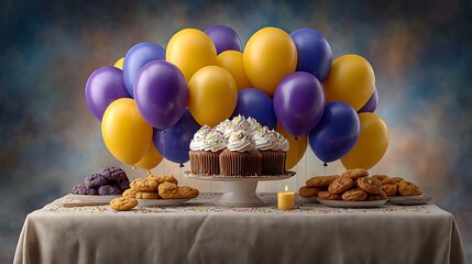 Party celebration scene with floating balloons, table filled with desserts, glowing candles, and festive props.