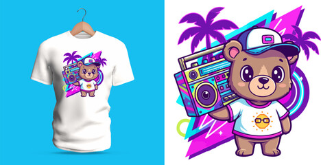 Cool Summer Bear Vector Illustration Holding a Retro Boombox with Palm Trees and Neon Elements – Fun Tropical Cartoon Character Perfect for Trendy T-Shirt Prints, Urban Beachwear Fashion