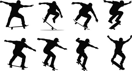 Skateboarder silhouette vector set, dynamic skateboarding tricks, urban street sport action poses, extreme youth culture illustration, isolated motion design