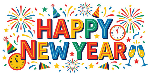 Colorful happy new year greeting illustration with fireworks party hats clocks and champagne glasses celebrating the end of the year and beginning of a new one