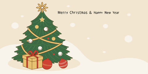 Red handwritten Merry Christmas and Happy New Year with Xmas tree and wrapped gift on blurred winter bokeh lights, vector banner illustration.