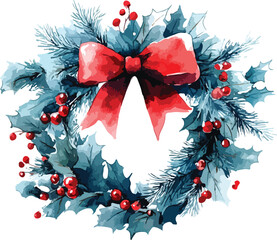 Merry Christmas wreath with a red ribbon bow and green fir pine branches, winter holiday celebration decoration with holly garland and xmas ornaments for a New Year card vector illustration