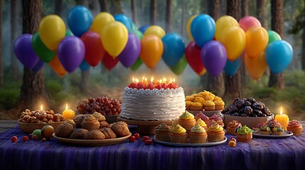 Party celebration scene with floating balloons, table filled with desserts, glowing candles, and festive props.