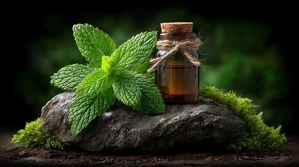Peppermint essential oil in a transparent glass bottle with cork stopper, placed on natural stone with mint leaves.