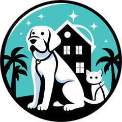 Dog and cat circle logo design sitting on dark blue aquas background.