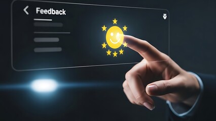 Hand selecting five-star rating on digital feedback interface for customer satisfaction.