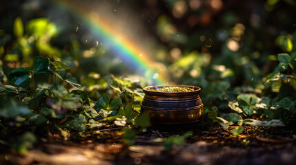A magical pot of fortune nestled in vibrant green foliage, illuminated by a vivid rainbow descending from the sky, symbolizing luck, hidden treasures, and the enchanting allure of nature's wonders