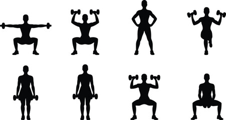 Squat exercise silhouette, dumbbell workout vector, fitness training icon, strength pose illustration, cad drawing flat vector illustration