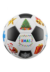 Obraz premium Feliz Navidad Christmas Soccer Ball – Festive Holiday Football with Santa, Tree & Gifts Design