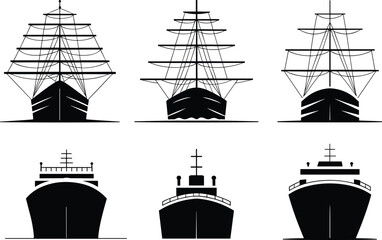 Front view ship silhouette vector set, sailing vessel, cruise, cargo, naval transport icon, cad drawing flat vector illustration, black artwork © LatifunNahar