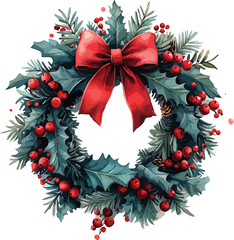 Festive Christmas wreath featuring a red ribbon bow and golden bells with winter holly and pine needle decorations for a traditional holiday celebration