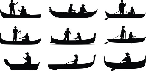 Gondola silhouette vector, Venice boat illustration, gondolier rowing scene, black flat icon, traditional water transport, cad drawing flat vector illustration © LatifunNahar