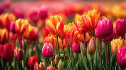 Obraz premium Bright tulip flowers grow in a garden setting during spring. The scene shows many flowers in shades of pink orange and yellow among green leaves attracting visitors.