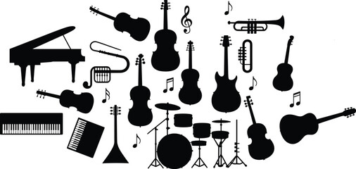 Musical instrument silhouette vector set, piano, guitar, violin, drum, brass, notes, cad drawing flat vector illustration, black icon © LatifunNahar
