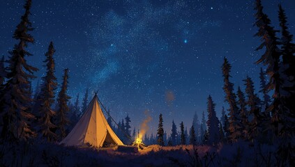 Camp scene. Tent glows amidst tall trees under a twinkling starry sky. Night is filled with peaceful light