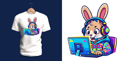 Vibrant t-shirt vector illustration of a cheerful bunny gamer wearing large colorful headphones and a bright hoodie while sitting at a desk with a glowing computer screen, depicted with expressive eye