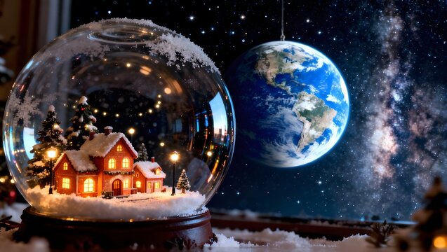 A miniature Christmas village inside a snow globe orbiting in outer space - Powered by Adobe