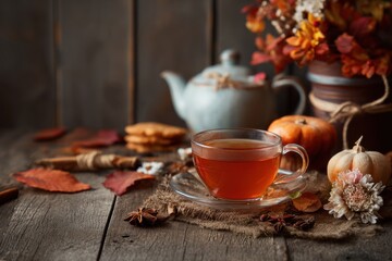Cozy autumn tea arrangement featuring warm hues, seasonal decor, and wooden table background. MZ 