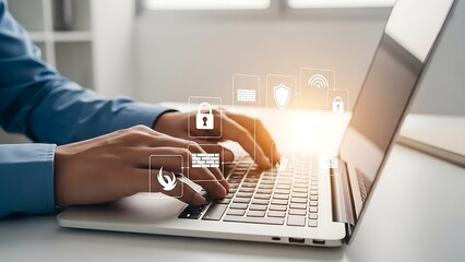 Hands typing on laptop with security icons overlay.