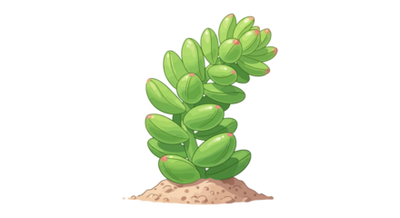 Stylized succulent plant with plump green leaves growing from sandy soil
