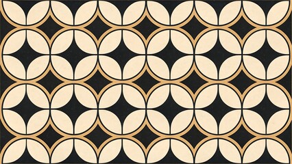 Fototapeta premium Intricate geometric pattern with repeating oval shapes in cream and gold on a dark background