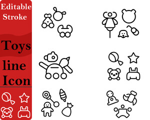 A playful and colorful toys icon featuring simple geometric shapes. Such as blocks a teddy bear a spinning top. Designed with soft curves and a friendly child-safe appearance this icon represents fun.