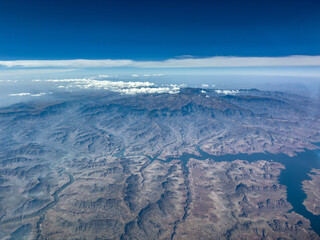 aerial view of Ethiopian landscape with Tekeze River in the Amhara Highlands and Simien Mountains National Park with Ras Dashen mountain in background, located in Amhara Region, northern Ethiopia