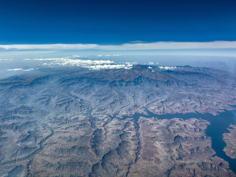 aerial view of Ethiopian landscape with Tekeze River in the Amhara Highlands and Simien Mountains National Park with Ras Dashen mountain in background, located in Amhara Region, northern Ethiopia