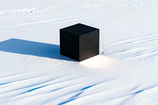 Illuminated black cube on snow minimal scene