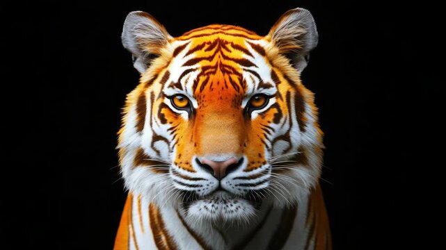 Close up of tiger's face, focused and looking directly at the camera.