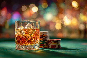 Glass of whiskey on the rocks with colorful poker chips on green felt table evoking a lively casino nightlife atmosphere with blurred sparkling lights background