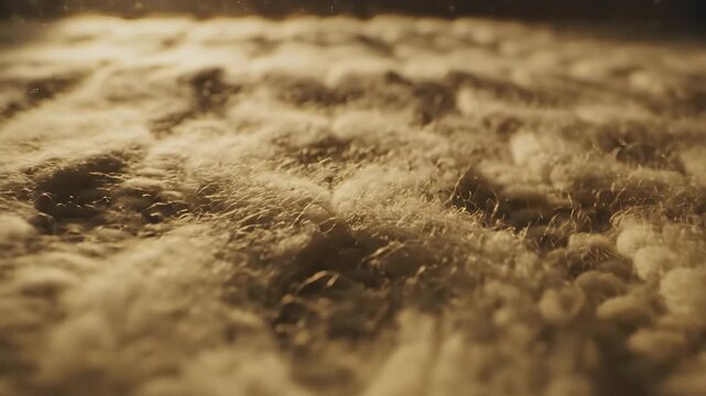 Extremely slow motion macro shot gliding over the plush surface of a thick knitted wool blanket illuminated by soft golden sunlight luxury, beige tones, pattern