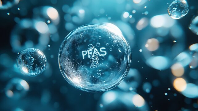 3D illustration of PFAS toxic chemical molecule inside a water bubble: environmental pollution concept