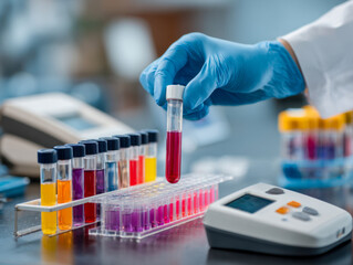 Scientist wearing blue gloves handling test tubes with colorful liquids in a laboratory setting using advanced equipment for precise chemical analysis and research
