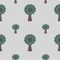 Seamless pattern featuring stylized trees with scalloped green canopies and brown trunks on a light gray background. 