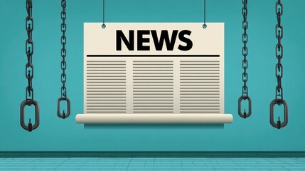 Hanging Newspaper on Chains with Bold "NEWS" Headline Against Turquoise Background