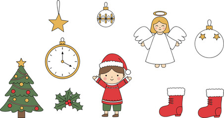 Cute Christmas illustration set with angel, child in Santa outfit, ornaments, clock, holly, boots, and decorated Christmas tree for festive designs and crafts.