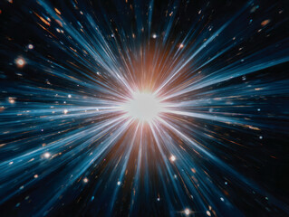 Naklejka premium Radiant cosmic explosion with intense beams of light bursting outward in a dynamic space scene filled with sparkling starry particles and vibrant energy rays