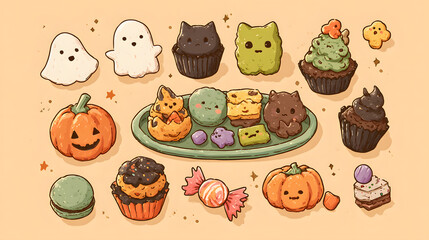 A festive Halloween spread featuring assorted sweets and treats on a pastel background.