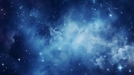 Fototapeta premium Outer space background with glowing stars, blue nebula clouds, and galaxy swirl