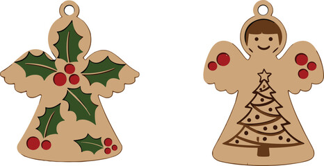 Set of Two Wooden Angel Christmas Ornaments with Holly and Christmas Tree Engraved Designs, Perfect for Holiday Season Decor.