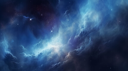Outer space background with glowing stars, blue nebula clouds, and galaxy swirl