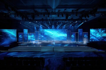 Corporate event stage with a large led video wall displaying abstract blue technology patterns and a modern podium center, perfect for tech innovation and digital transformation concept. MZ 