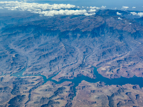 aerial view of Ethiopian landscape with Tekeze River near Simien Mountains National Park with Ras Dashen, located in Amhara Region, northern Ethiopia with mountains, hills and valleys 