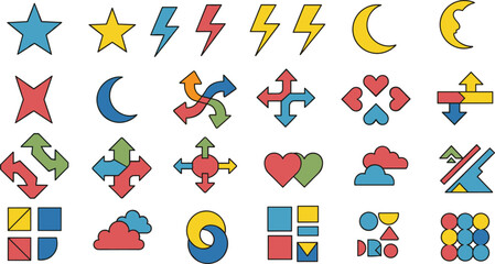Colorful flat filled outline vector icon set including stars arrows lightning bolts moons clouds hearts and geometric shapes.