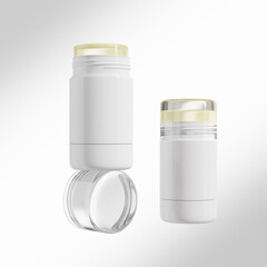 Cylindrical Deodorant Packaging mockup, Cosmetic Blush Stick mockup, makeup twist up tube packaging mockup, white Sunscreen Stick Tubes with clear translucent cap, Rotating foundation Solid Cream Tube