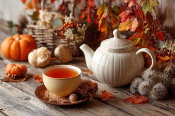 Cozy autumn tea arrangement featuring warm hues, seasonal decor, and wooden table background. MZ 