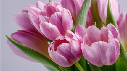 Obraz premium A bunch of pink tulips is arranged with green leaves. The flowers are well lit in bright indoor light. The setting highlights the natural colors of the tulips.